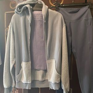 BDG Blue Gray Hooded Jacket Workout Pants and Tee
